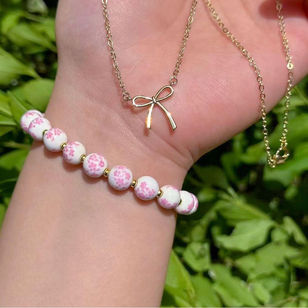 14K Gold Beaded Bow Bracelet Necklace Set - Picture 5 of 5